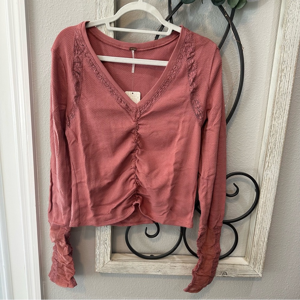 Free People Dusty Rose Ruched V-Neck Top - Picture 8 of 13